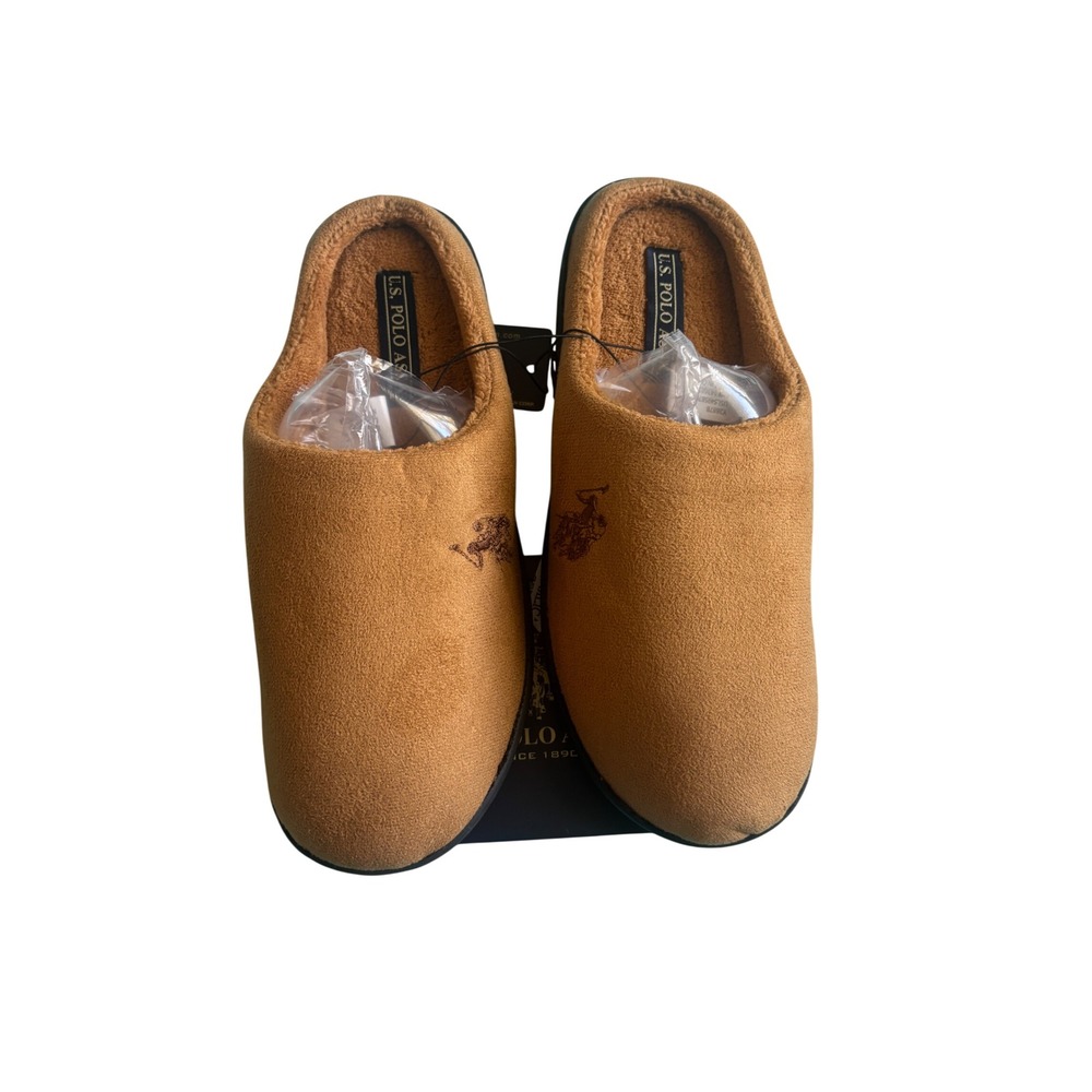 US Polo Assn Mens Clog Slippers Tan Suede Faux Shearling Lined Size S 7-8 NEW